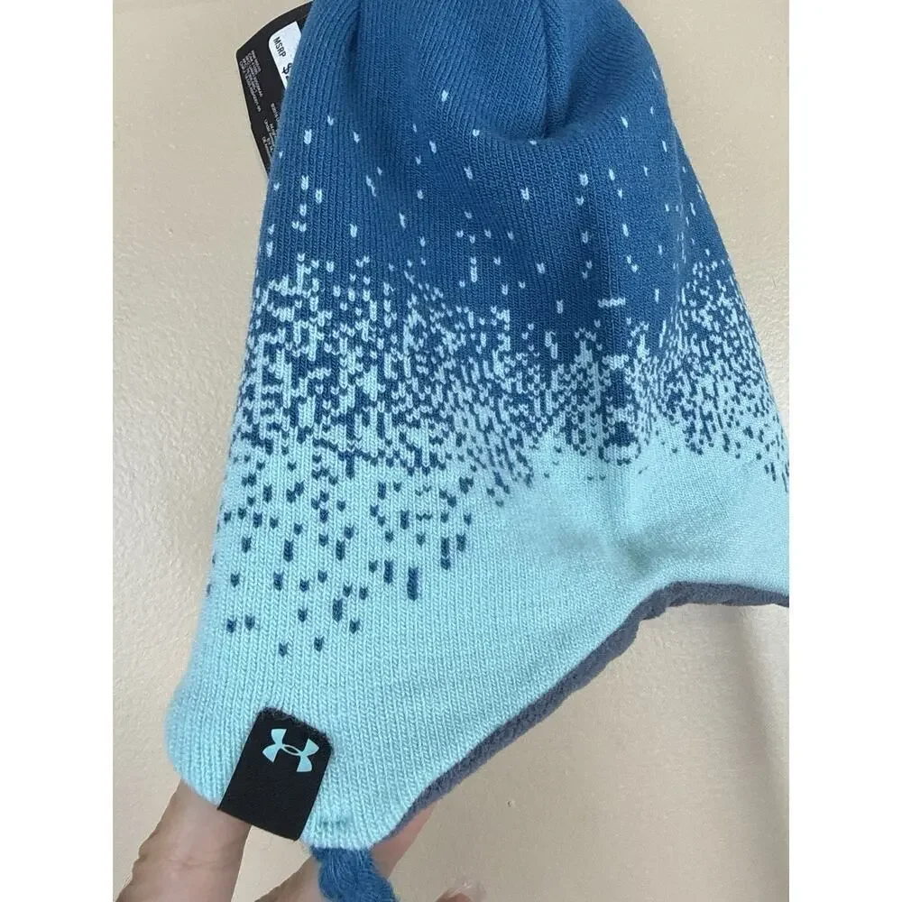 Under Armour Kids Youth Beanie Hat Blue Ombre Fleece Lined Pom Earflap Winter NW